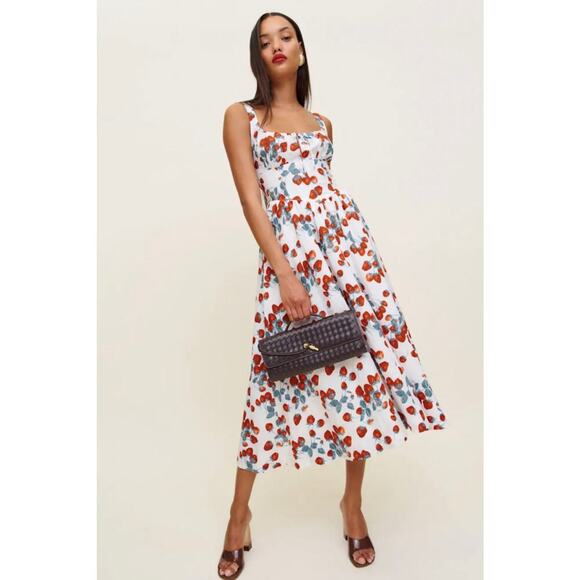 Reformation Balia Linen Sleeveless Basque-Waist Midi Dress Strawberry Jam US 2 - Picture 1 of 12